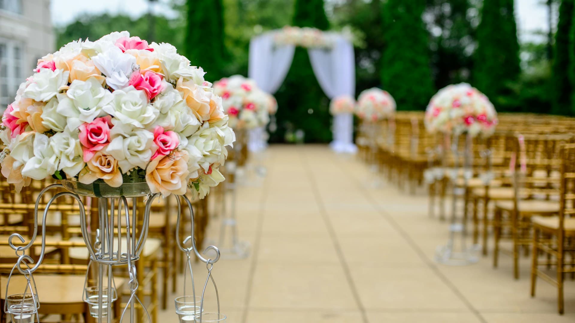 Golden hour light over an intimate wedding venue with warm tones